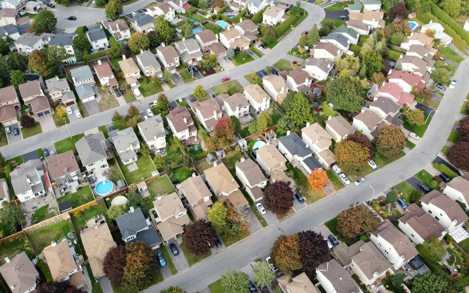 A suburb seen from the air: two curving streets lined with parked cars, two-storey houses with back gardens and a few round pools, and trees turning orange and red.
